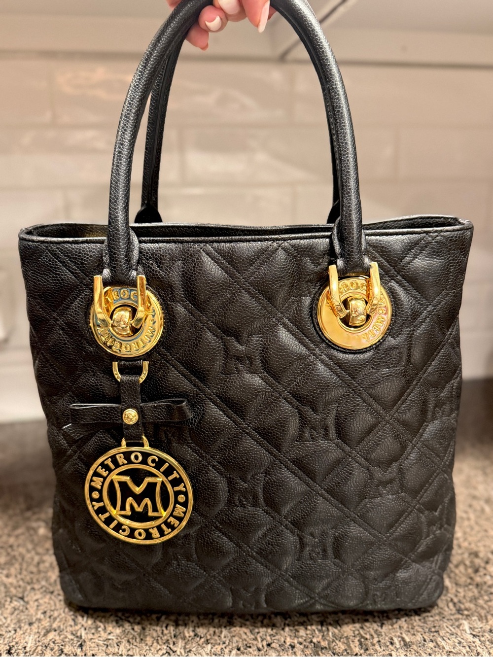 Metro city Black Quilted Tote Bag Gold Tone Logo Charm Monogram Large Shoulder